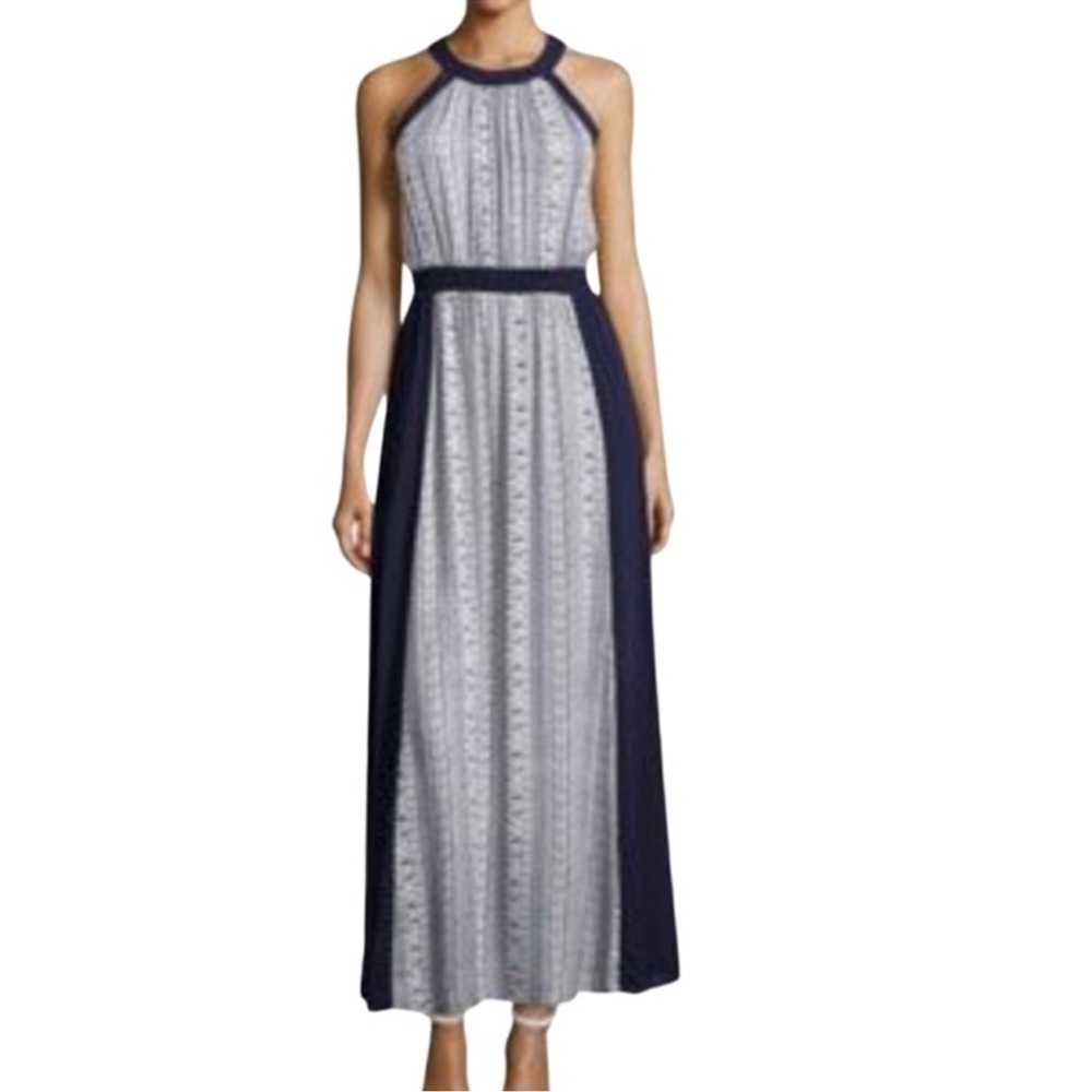 Carmen Marc Valvo maxi dress halter neck navy blue & white geometric print dress - Picture 1 of 2